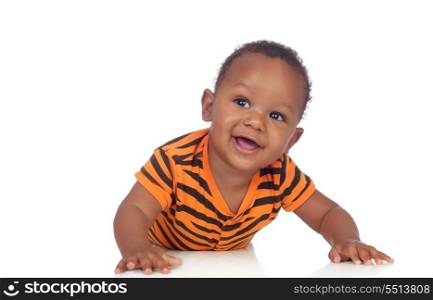 Adorable african baby lying on the floor isolated on a white background