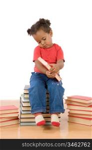 Adorable african baby reading sitting on a pile of books on a over white background