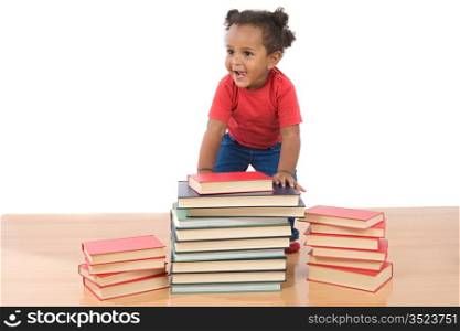 Adorable african baby with many books on a over white background