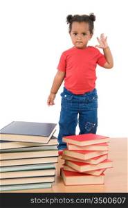 Adorable african baby with many books on a white background