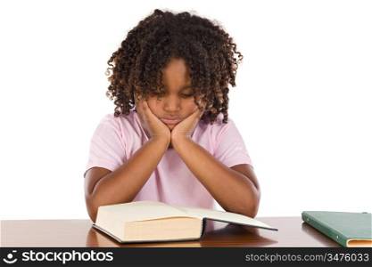 Adorable african girl reading a over white background