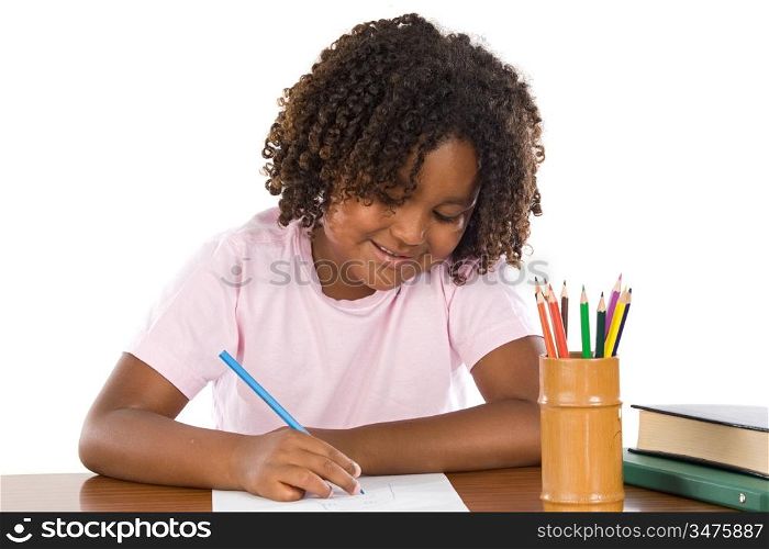 Adorable african girl writing a over white background