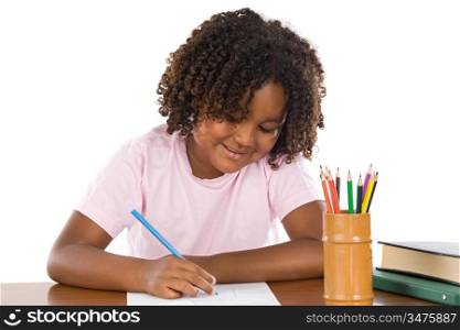 Adorable african girl writing a over white background