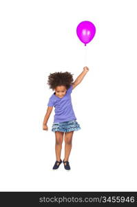 Adorable african little girl flying with a purple balloon isolated over white