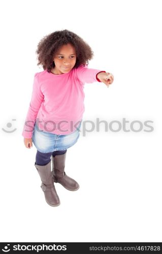 Adorable african little girl indicating something with her finger isolated on white background