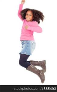 Adorable african little girl jumping isolated on white background