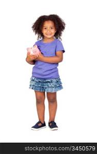 Adorable african little girl with piggy-bank isolated over white
