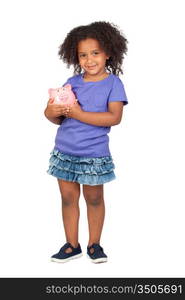 Adorable african little girl with piggy-bank isolated over white