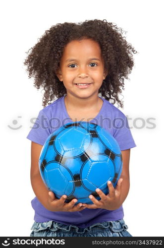 Adorable african little girl with soccer ball isolated over white