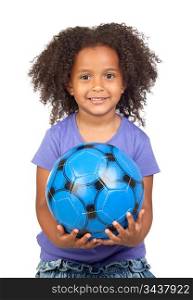 Adorable african little girl with soccer ball isolated over white