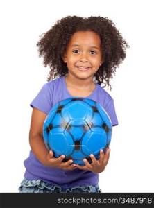 Adorable african little girl with soccer ball isolated over white