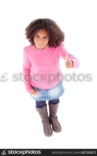 Adorable Afroamerican girl top view saying Ok isolated on a white background