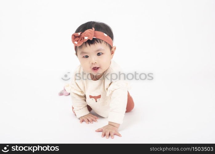 Adorable Asian baby girl is portrait on white background