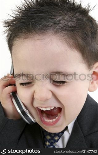 Adorable Baby Boy In Suit Yelling Into Cellphone. Focus on Mouth and Phone.