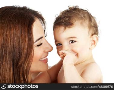 Adorable baby boy smiling with mother, closeup on happy family faces, mom and kid having fun indoor, parent holds little child in hands, healthy toddler and mommy portrait isolated on white background