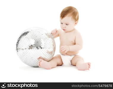 adorable baby boy with big disco ball over white