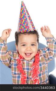 Adorable baby celebrating the birthday isolated on a over white background