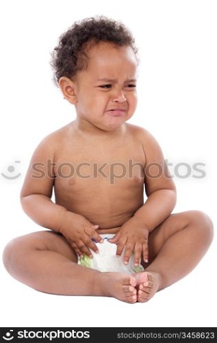 Adorable baby crying a over white background