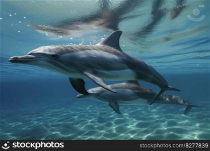 Adorable baby dolphin swimming alongside its mother in crystal-clear waters on World Oceans Day, showcasing the beauty and biodiversity of our planet’s marine ecosystems. AI Generative
