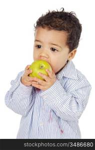 adorable baby eating an apple a over white background