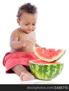 adorable baby eating watermelon a over white background