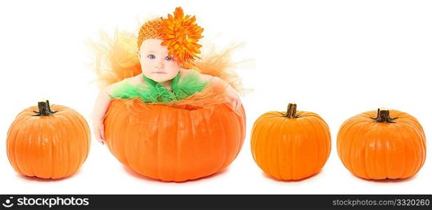 Adorable baby girl in orange and green tutu siting in pumpkin over white background.