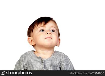 Adorable baby girl looking up isolated on white background
