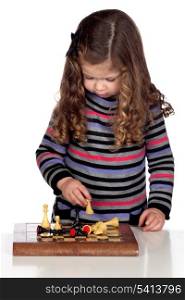 Adorable baby girl playing chess isolated over white background
