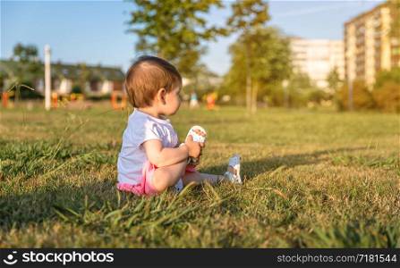Adorable baby girl playing sitting on the grass park in a sunny summer day. Happy baby girl playing sitting on a grass park