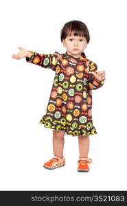 Adorable baby girl with a floral dress isolated on a over white background