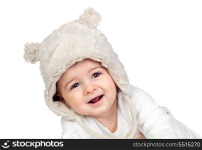 Adorable baby girl with a funny bear hat isolated on white background