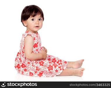 Adorable baby girl with floral dress isolated on a over white background