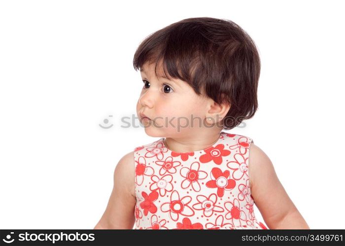 Adorable baby girl with floral dress isolated on a over white background