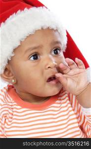 Adorable baby girl with santa hat over white background