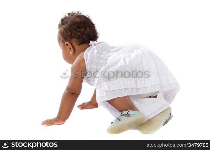 adorable baby learning to walk a over white background
