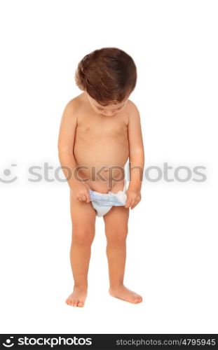Adorable baby taking off the diaper isolated on a white background