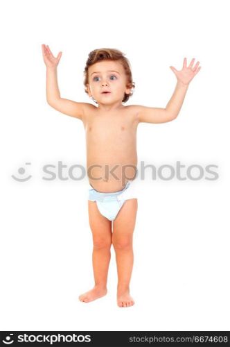 Adorable baby wearing diaper . Adorable baby wearing diaper isolated on a white background