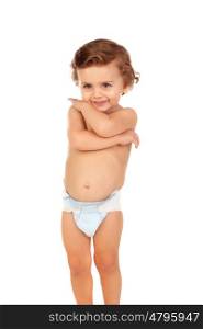 Adorable baby wearing diaper isolated on a white background