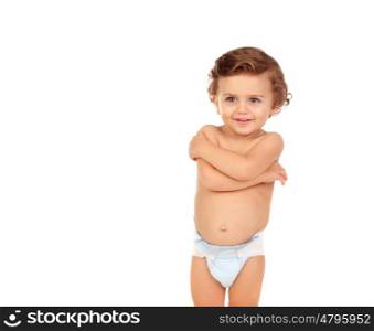 Adorable baby wearing diaper isolated on a white background