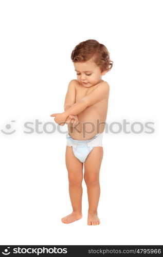 Adorable baby wearing diaper isolated on a white background