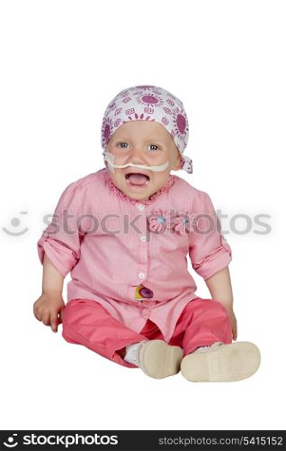 Adorable baby with a headscarf beating the disease isolated on white background
