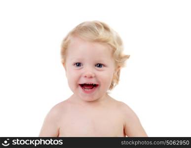 Adorable baby with blond hair isolated on a white background