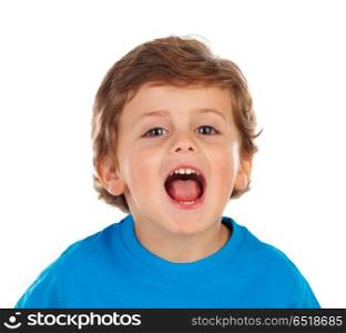Adorable baby with blond hair opening his mouth. Adorable baby with blond hair opening his mouth isolated on a white background