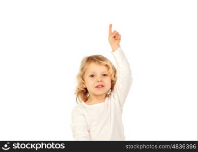 Adorable baby with blond long hair raising the hand isolated on a white background