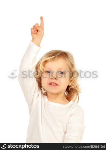Adorable baby with blond long hair raising the hand isolated on a white background