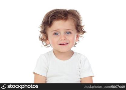 Adorable baby with curly hair isolated on a white background