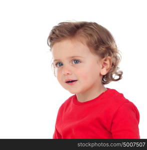 Adorable baby with curly hair isolated on a white background