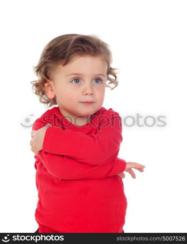 Adorable baby with curly hair playing to hugging isolated on a white background