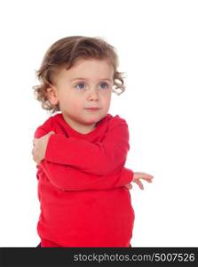Adorable baby with curly hair playing to hugging isolated on a white background