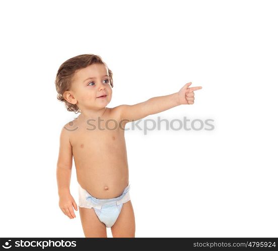 Adorable baby with diaper indicating something isolated on white background